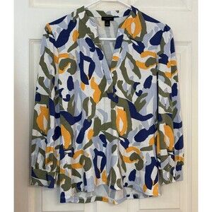 Ann Taylor Blouse Women's  XS  Long Sleeve Stretch Knit Yellow Blue White